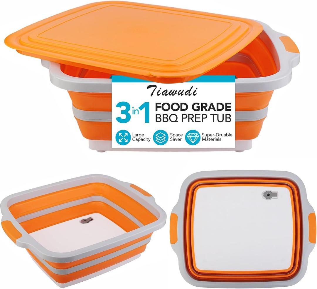 Tiawudi Large Collapsible BBQ Prep Tub with Lid(4.22 Gal/16L), Foldable Camping Sink with Colander, Cutting Board, Dish Basin for Kitchen, Bowl, Vegetable and Fruit, Storage Basket for Picnic, 20"L x 16.3"W