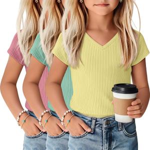 YooAurvox 3 Pack Girls Shirts Kids V Neck Short Sleeve Ribbed Knit Tunic Tops Slim Fit Casual Cute Basic Summer Solid Tee(Peach Pink, Mint Green, Yellow, 7-8 Years)