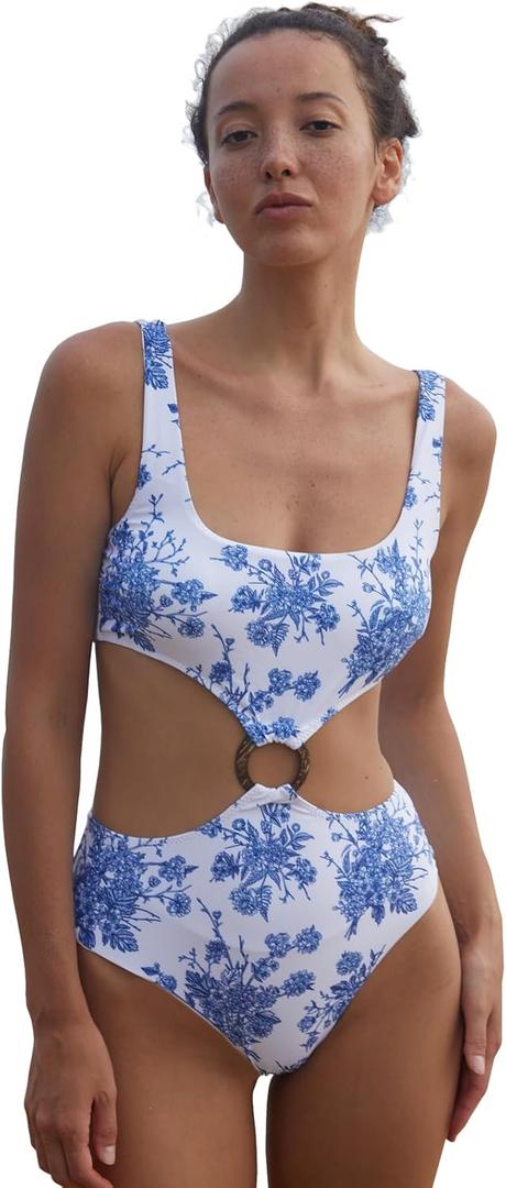 BERLOOK O-Ring Cut Out One-Piece Swimsuit Sexy Floral U Neck Bathing Suit (White, L)