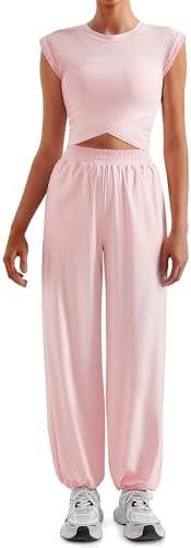 SUUKSESS Women 2 Piece Lounge Workout Sets Outfits High Waisted Wide Leg Pants Sleeveless Cropped Tops Summer(Pink S)