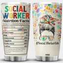 Social Worker Nutrition Fact Tumbler Mug 20oz Appreciation Graduation Gifts For BSW DSW Colorful Social Tree Messy Bun Hair MSW LCSW Gift For Women Caregiver Insulated Cup