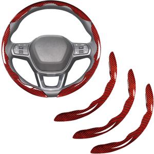 Carbon Fiber Steering Wheel Covers 3 Piece Clip on Steering Wheel Cover (Red)