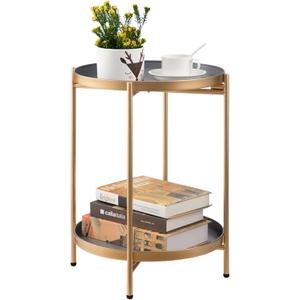 HollyHOME 2-Tier Round Gold Side Table, Outdoor Small Folding Accent Stand with Removable Tray, Anti-Rust Metal Asional Table for Balcony Patio Living Room, Nightstand for Bedroom(Gold&Grey)