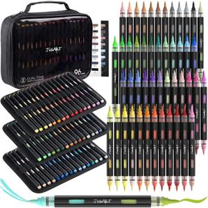 JusArt Acrylic Brush Markers, 96 Colors Brush Tip Acrylic Marker Set, 48 Dual-Tip Water Based No Bleed Markers with Automatic Ink Control for Wood, Rock, Fabric, Canvas, Glass, Eggs & DIY Crafts