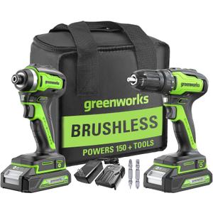 Greenworks 24V Brushless Cordless Drill and Impact Driver,Power Tool Combo Kit Included 1/2Drill & 1/4Hex Impact Driver and (2) Batteries, Fast Charger, 2 pcs Drill Bit Set & Bag