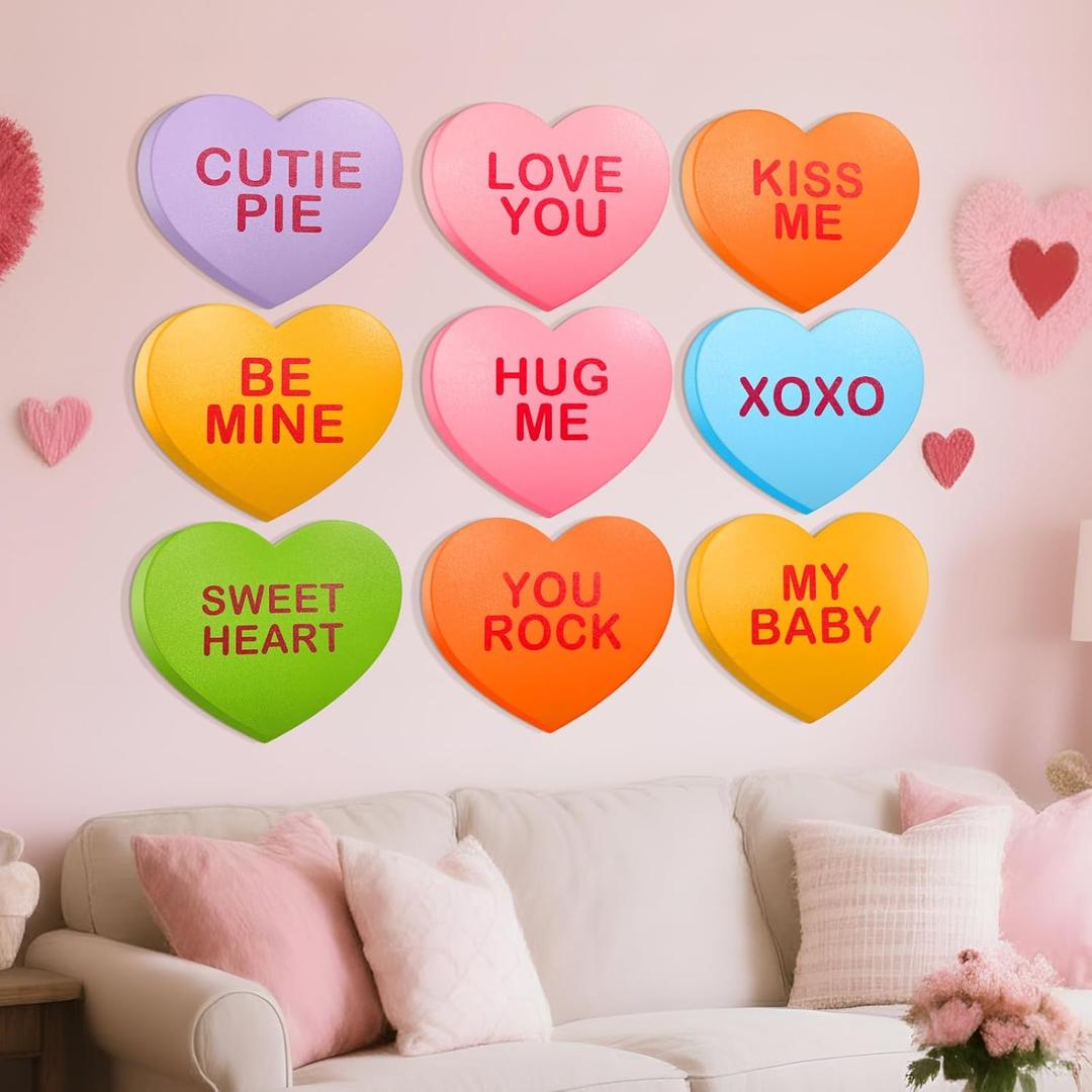 9 Pcs Large Valentines Day Wall Decor Wood Conversation Candy Hearts Decorations Pastel 7 Inch Hearts Wall Decor Sweetheart Shaped Sign for Valentine's Day Home Room Table