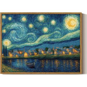 ARPEOTCY Vintage Framed Canvas Wall Art, 12x16 Inch Van Gogh Style Starry Night Lake View Landscape Painting, Retro Blue and Yellow Wall Art for Living Room, Bedroom, or Bathroom Decor (Starry Sky Over the Sea)