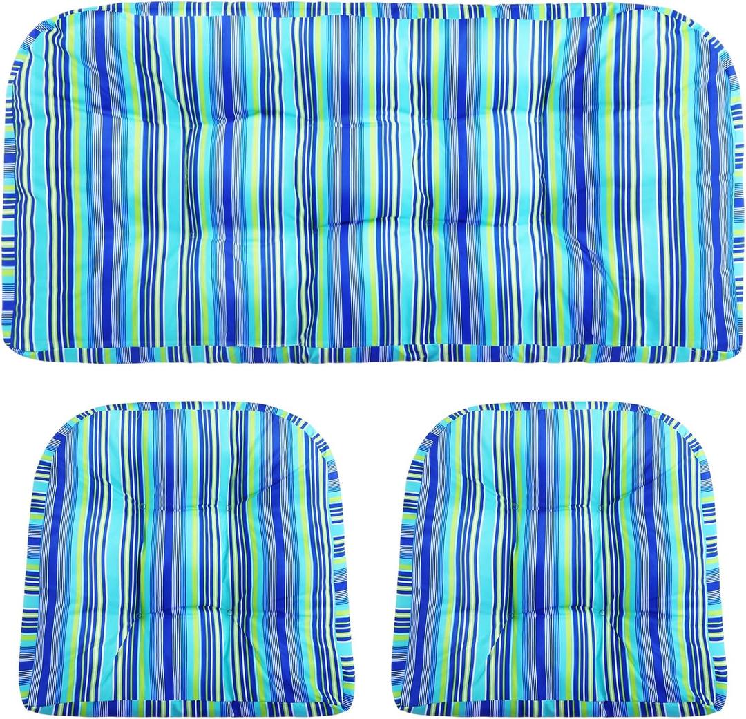 3 Pcs Wicker Chair Outdoor Cushion for Furniture, 1 Loveseat Seat and 2 U-Shape Cushion for Patio Furniture (Blue Stripes), 44 x 19 x 4 inches
