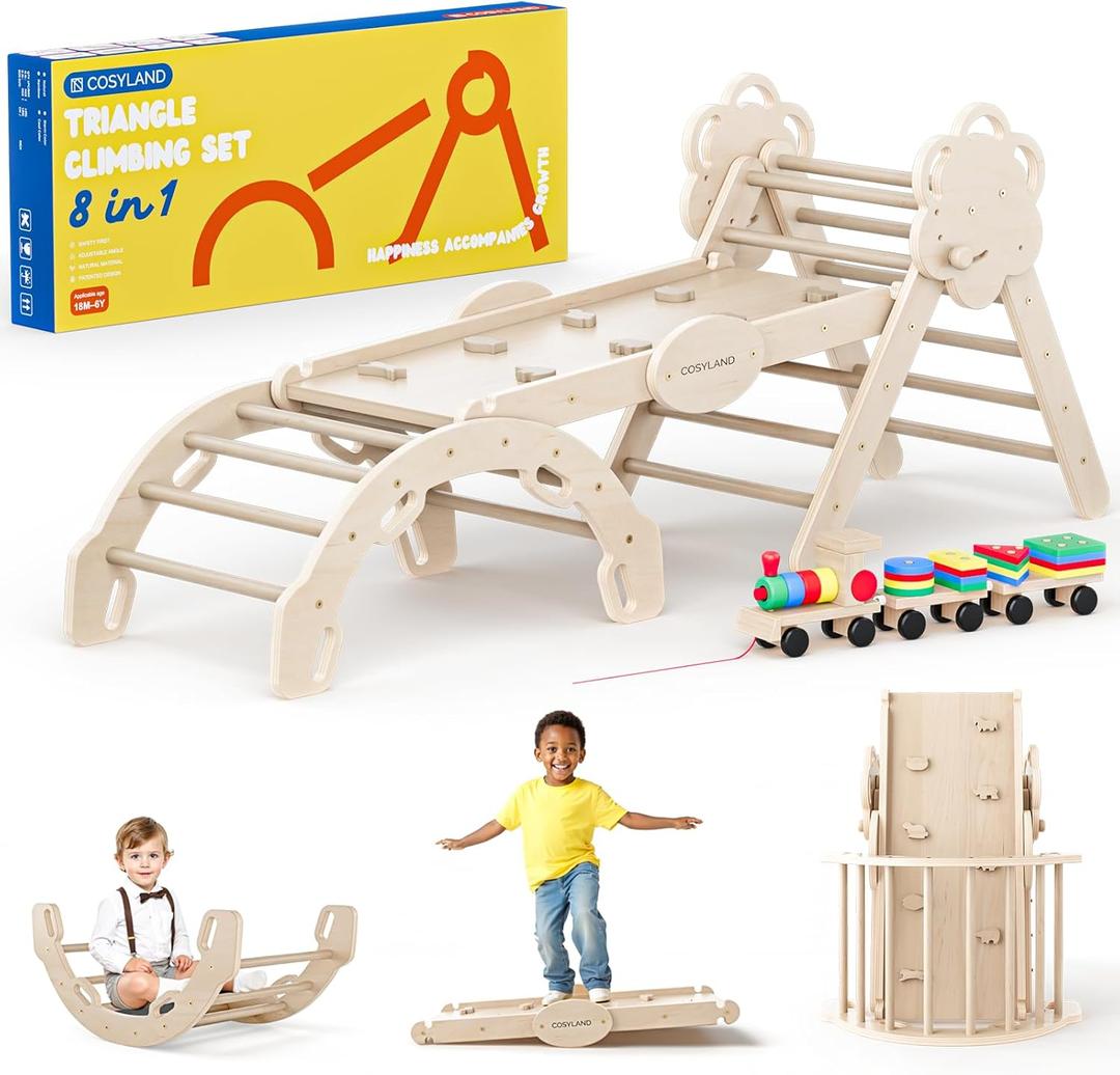 COSYLAND Pikler Triangle Set 8 in 1 - Adjustable 3-Level Montessori Climbing Toys for Toddlers 18M-6Y, Foldable Wooden Indoor Jungle Gym & Playground with Train Toy & Gift Box, Natural (Large)