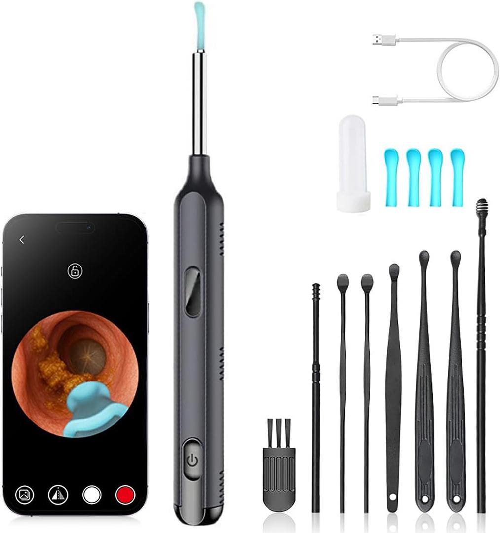 Children's and Adult Ear Wax Removal Earwax Removal kit, Earwax Spoon, Digging and Tweezers, LED Light and Magnifying Glass, IPX5 Waterproof, with 8 earplug Sets +4 Soft Silicone Ear Spoons (Black)