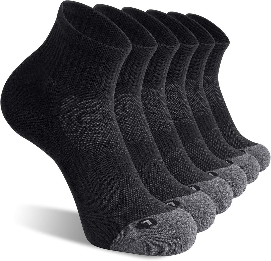FITRELL 6 Pack Men's Athletic Ankle Socks Cushioned Sports Running Socks 7-9/9-12/12-15 (Black)