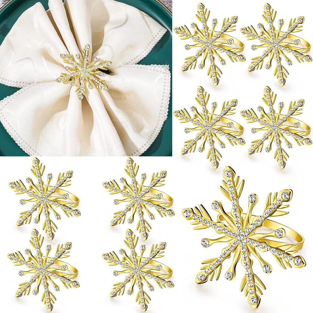 12 Pieces Christmas Snowflake Napkin Ring Xmas Napkin Rings Holder Buckle Christmas Napkin Ring Rhinestone Metal Round Serviette Buckle for Christmas Wedding Party Table Decoration Supplies (Gold)