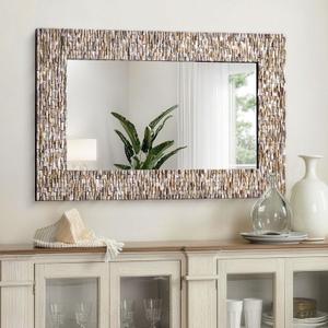 Costal Mosaic Mirrors for Wall, 36'' x 24'' Rectangle Capiz Shell Mirror for Bathroom Vanity, Modern Decorative Mirror with Handcrafted 3D Seashell Frame for Living Room, Dining Room, Entryway