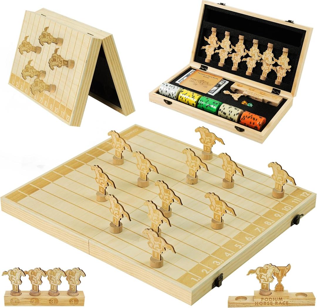 Horse Race Board Game, Magnetic Horse Racing Game with 100 Chips, 12 Magnet Wooden Horses, 2 D12 & 2 Cards, Thickened Solid Wood Horse Game Set Luxury Board Games for Family Nights Party Gifts