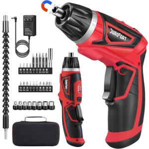 Cordless Electric Screwdriver Set, 8V 10Nm Rechargeable Power Electric Drill, Battery Screw with Driver Bit, 320RPM/10+1 Torque, 2 Position Handle, Flexible Shaft LED Light (Red, 28Pcs)