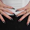 GLAMERMAID Gothic Black Press on Nail Medium Almond, Handmade Jelly Gel Fake Nail with Skull Design, Luminous Glue on Nail Short Oval, Reusable Acrylic Stiletto Stick on False NailS Kit for Women