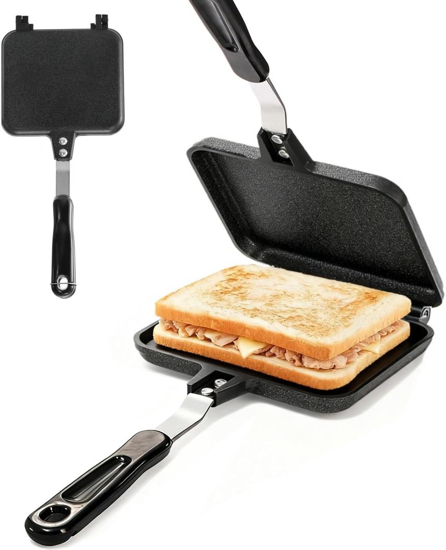 Hot Sandwich Maker, Grilled Sandwich Toaster for Small Bread Pancake, Double Sided Non-Stick Frying Pan, Stovetop Sandwich Grill Press Flip Pan for Camping Kitchen (Inside 5.4" L x 4.7" W)