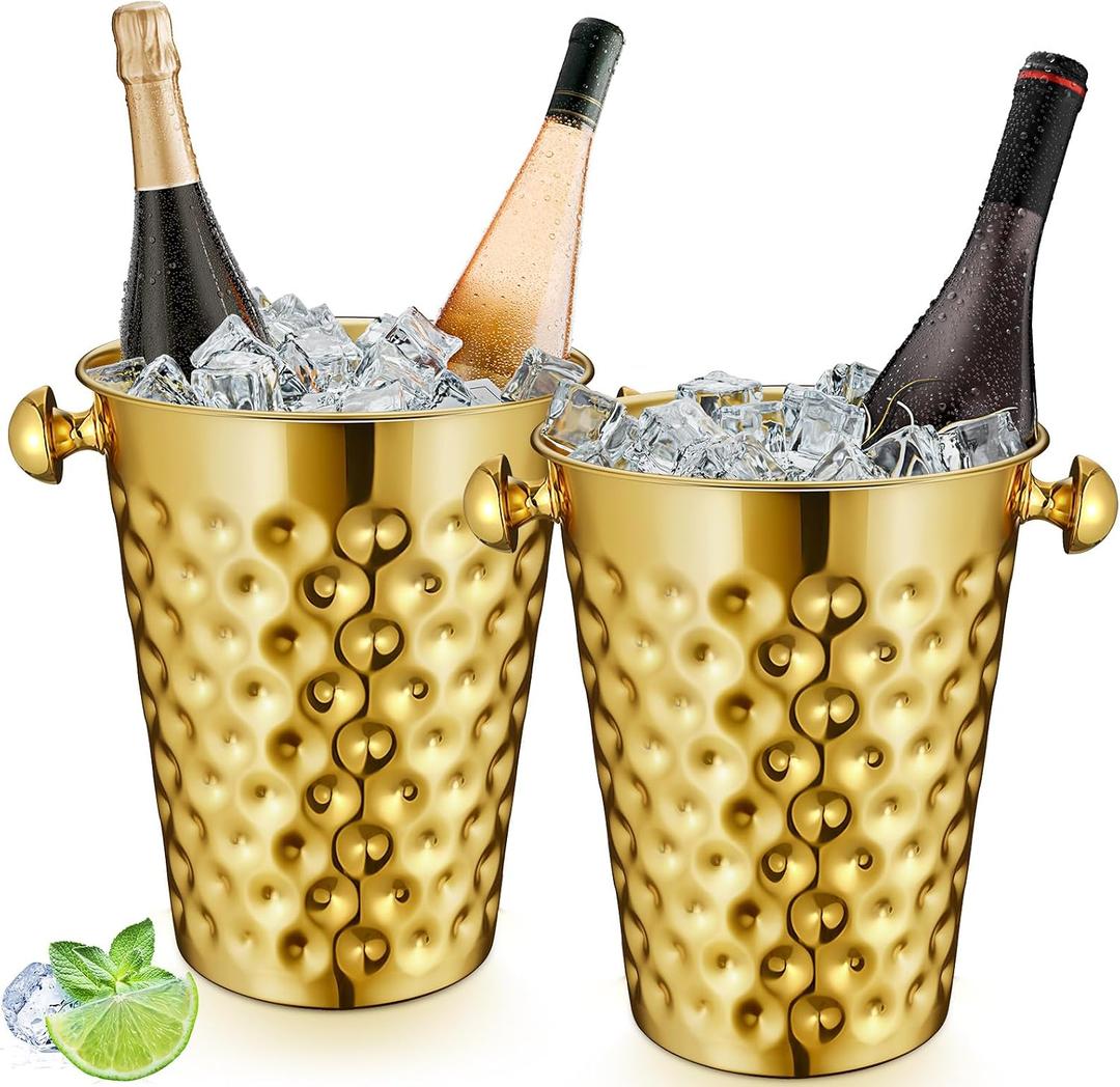 MorningRo 2 Pcs Gold Metal Champagne Ice Bucket 4.7 L Stainless Steel Doublewall Wine Ice Bucket for Bar, Party, Wedding, Banquet, Outdoor, BBQ(Hammer Texture)