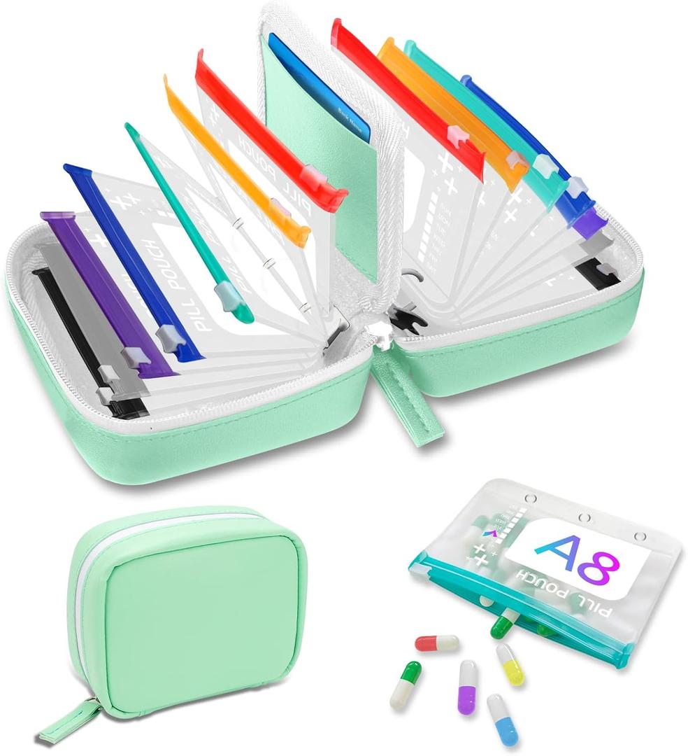 A8 Waterproof Pill Organizer Set, Twice-Daily Large Pill Organizer for Seven Days, Pill Storage with 14 Color-Coded Pouches, Reusable Travel Medicine Organizer (Green)