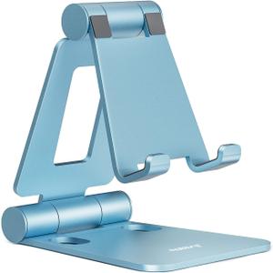 Nulaxy Dual Folding Cell Phone Stand, Fully Adjustable Foldable Desktop Phone Holder Cradle Dock Compatible with iPhone 17 16 15 14 13 12 11 Pro Max Xs Xr X 8, Nintendo Switch, All Phones - Blue