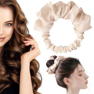 Heatless Curling Scrunchie and Soft Headband, No-Heat Hair Roller for Long Hair (Beige)