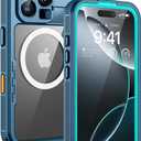 Lanhiem Magnetic for iPhone 16 Pro Max Case, IP68 Waterproof Dustproof Case, [Compatible with Magsafe] [Built-in Screen Protector] Full Body Heavy Duty Rugged Phone Cover 6.9 inch, Blue/Clear