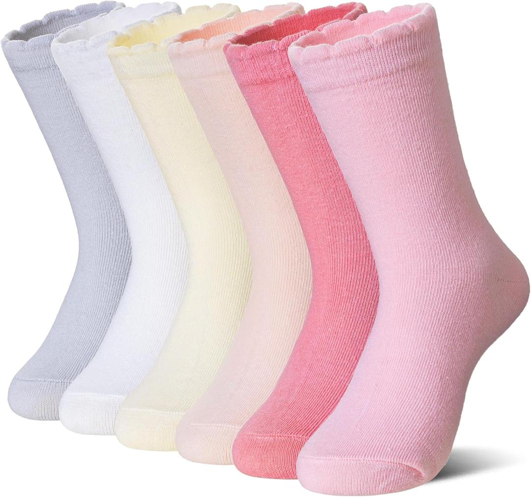 AMENLAN Girls Ruffle Crew Socks Little Kids School Uniform Cute Cotton Frilly Dress Socks 6 Pairs (9-12 Years, Mix Color a)