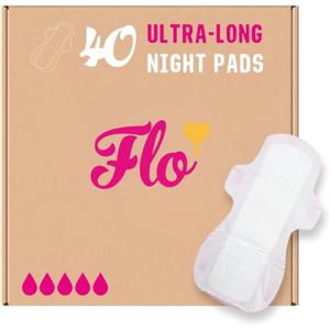 Flo Ultra Long Night Menstrual Pads, 40 Count - Heavy Flow Absorbency, 3D Leak Barrier, Bamboo Rayon, Plant-Based, Vegan, Cruelty-Free