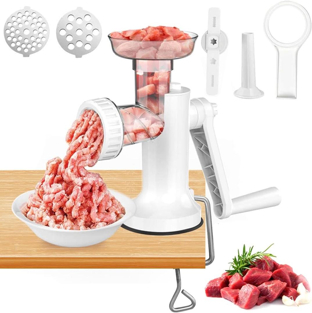 LHS Manual Meat Grinder, Heavy Duty Meat Mincer Sausage Stuffer,Hand Grinder with Stainless Steel Blades for Meat, Sausage, Cookies, Easy to Clean(3 in 1,White)