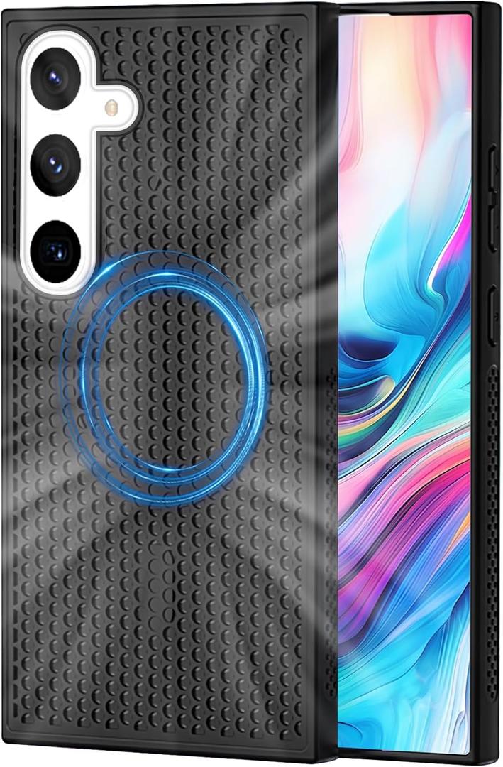 for Samsung Galaxy S25 5G Magnetic Heat Dissipatio Case, Hollow Cellular Mesh Breathable Cooling Hard PC Shockproof Cover for Galaxy S25 SRC Black