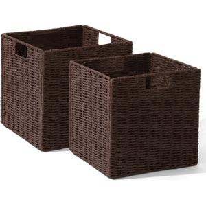 Set of 2 Hand-Woven Paper Rope Wicker Baskets, Storage Basket, Foldable Cube Storage Bins, Brown Storage Cubes, Square Baskets for Organizing Shelves Decor, 12x12x12in