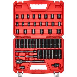 VEVOR 3/8" Drive Impact Socket Set, 50-Piece Standard SAE (5/16 to 3/4 inch) & Metric (8-22 mm) Size, Deep & Shallow, 6 Point, CR-V, Ratchet Handle, Extension Bars, Universal Joint, Reducer, Adapter