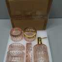 Pink Bathroom Accessories Set, 5Pack Clear Glass Bathroom Accessories, Includes Lotion Soap Dispenser, Toothbrush Holder, Qtip Holder and Soap Dish, Vintage Bathroom Decor