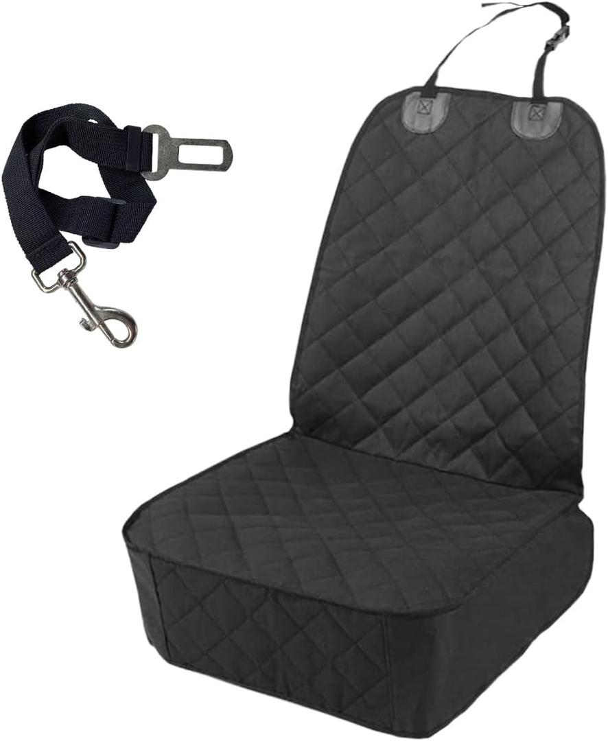 Dog Car Seat Cover, Waterproof & Scratch Proof Car Seat Protector with Side Flaps, Nonslip Front Car Seat Covers with Safety Belt, Universal Dog Mat for Cars, SUVs, Trucks (Black)