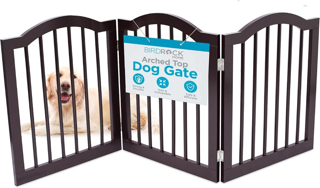 INTERNET'S BEST Arched Top Dog Gate | 3 Panel, 24" H Wooden Pet Barrier for Dogs or Cats | Freestanding Folding Room Divider for Doorways, Hallways, Stairs, and Porch | Portable, Extra Wide | Espresso