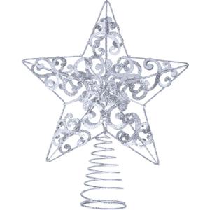 Blulu Christmas Star Tree Topper 10 Inch Glittered 3D Metal Star Treetop Topper Christmas Hollow Sequin Tree Decoration for Xmas Holiday Party Decoration Indoor(Silver)