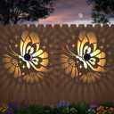 Solar Fence Lights 2 Pack Outdoor Deck Step Wall Lights Metal Waterproof LED Warm Yellow Light for Garden Post Patio Backyard Yard Decor (Butterfly-Flower, 2)
