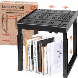 Piffny Locker Organizer Shelf Adjustable Width and Height, Stackable, Ideal Locker Shelf for School, Office, Gym Lockers, or Even Kitchen Cabinets & Under Sink Organization (Black 1 Pack)