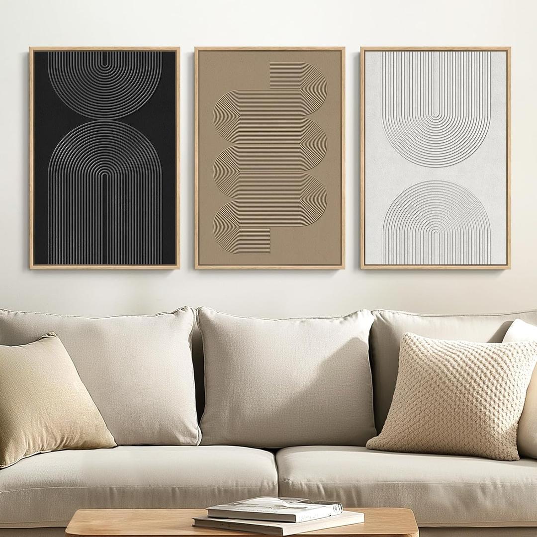 Framed Black and White Brown Abstract Wall Art, 3 Piece Boho Geometric Canvas Prints Paintings Artwork for Walls, Modern Minimalist Neutral Pictures for Living Room Dining Room Bedroom Wall Decor 16x24 In (Boundless Lines)