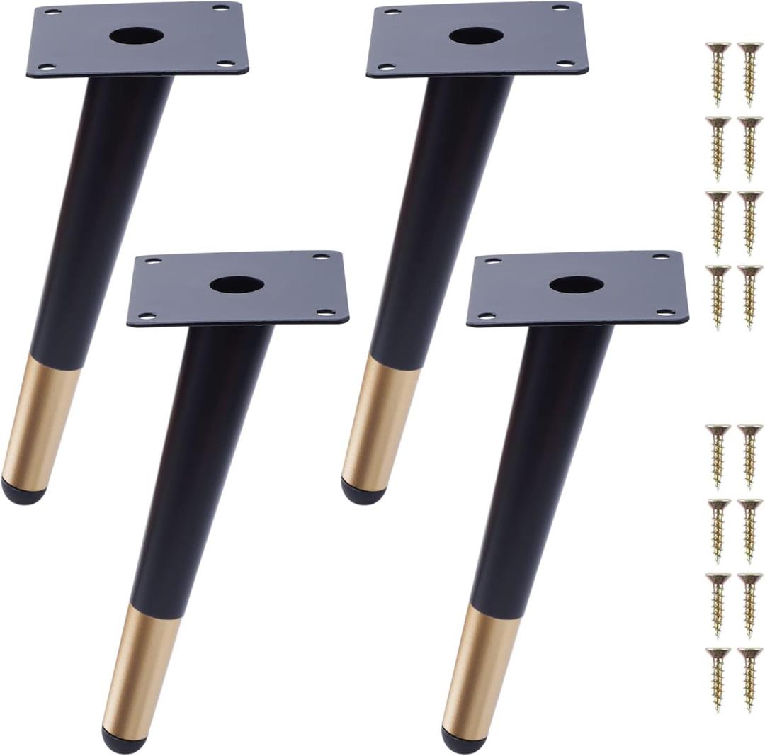 NAKUPENDA Furniture Legs 4Pcs Metal Slant Angled Tapered Legs Modern Replacement Couch Feet for Chairs Sofas Cabinets Tables (Black with Golden, 8" Height)