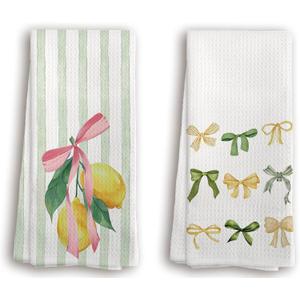 Sweet Lemon Pink Bow Summer Kitchen Towels, Lemon Kitchen Towels for Bathroom, Summer Decorations for Home Set of 2