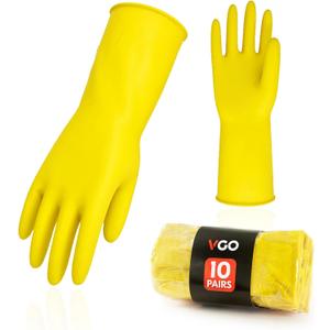 Vgo... 10-Pairs Reusable Household Gloves, Rubber Dishwashing gloves, Extra Thickness, Long Sleeves, Kitchen Cleaning, Working, Painting, Gardening, Pet Care (Size S, Yellow, HH4601)