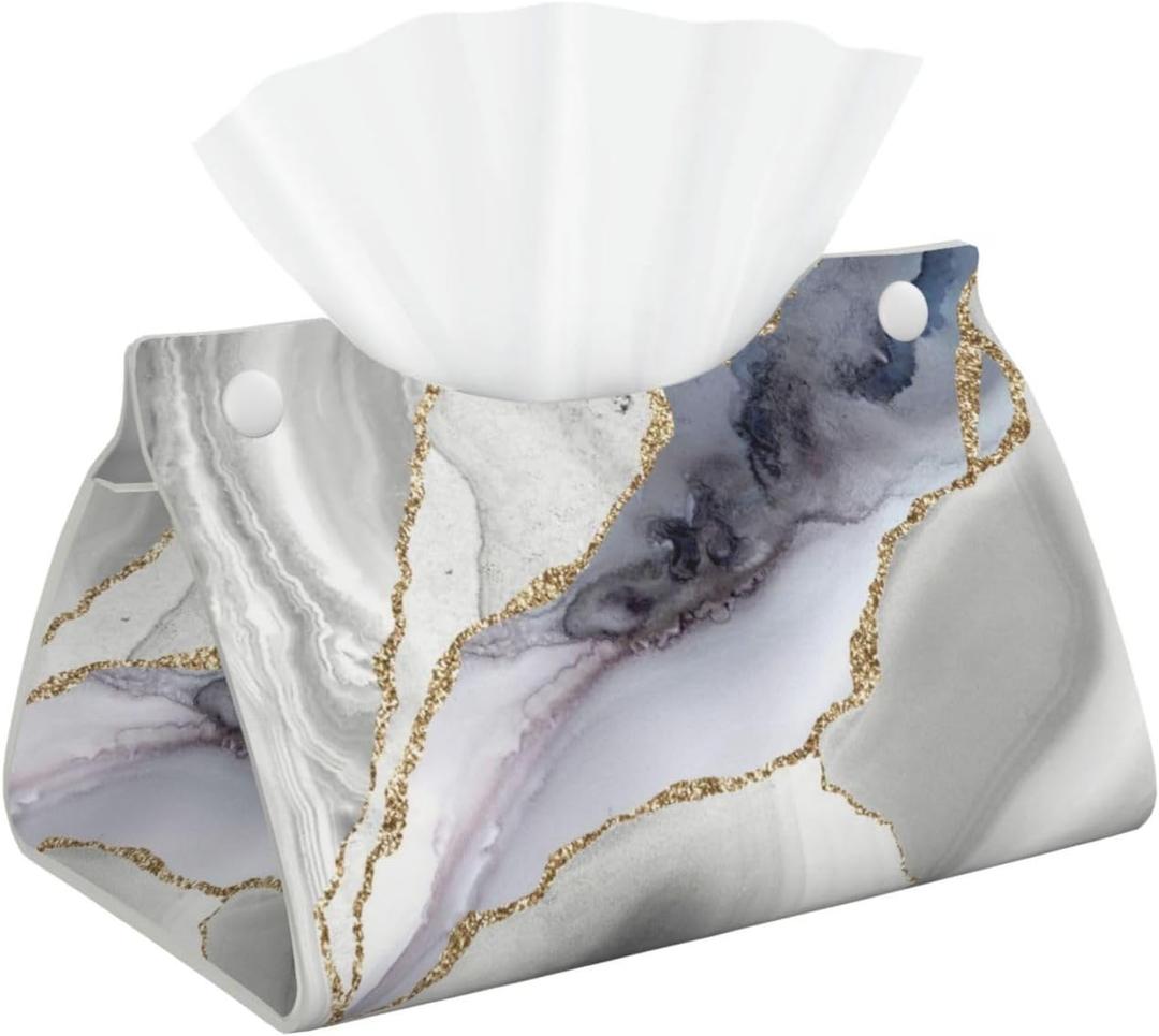 Watercolor Geode Marble Texture White Gold Tissue Box Cover Rectangle PU Leather Facial Case Paper Holder Organizer for Decor Bathroom Vanity Countertop Bedroom Dresser Night Stand Desk Car Office (One Size)