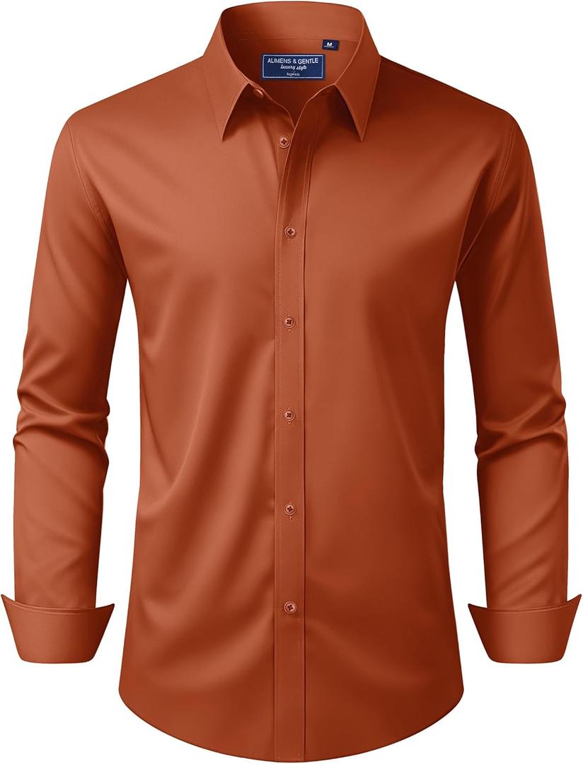 Alimens & Gentle Men's Dress Shirt Regular Fit Stretch Stain Shield Long Sleeve Solid Business Wedding Button Down Shirts (Medium, Burnt Orange)