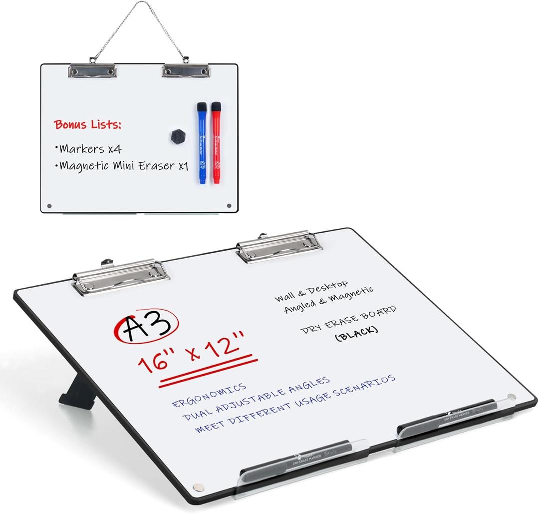 Large A3 Writing Easel Desk Adjustable Dry Erase, Keyboard Stand for Desk, Learning Portable Clipboard Magnetic, White Board Dry Erase Wall Hangable, Slant 13/18 for teachers & Students, Black Frame