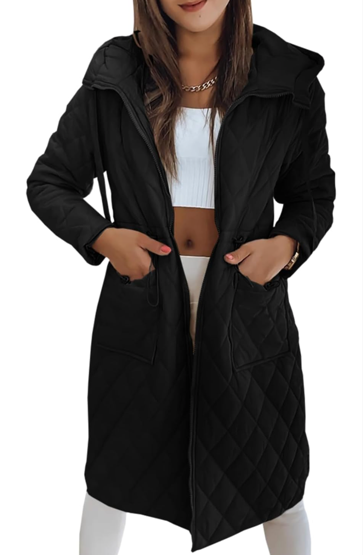 Imily Bela Womens Long Quilted Jackets Zip Up Hooded Drawstring Waist Coats with Pockets, Medium