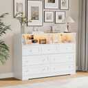 Garvee Dresser for Bedroom with Charging Station and LED Lights 7 Drawer Wooden LED Dresser with 2 Open Storage Cubbies Wide Chest of Drawer for Living Room Closet Kids Room White