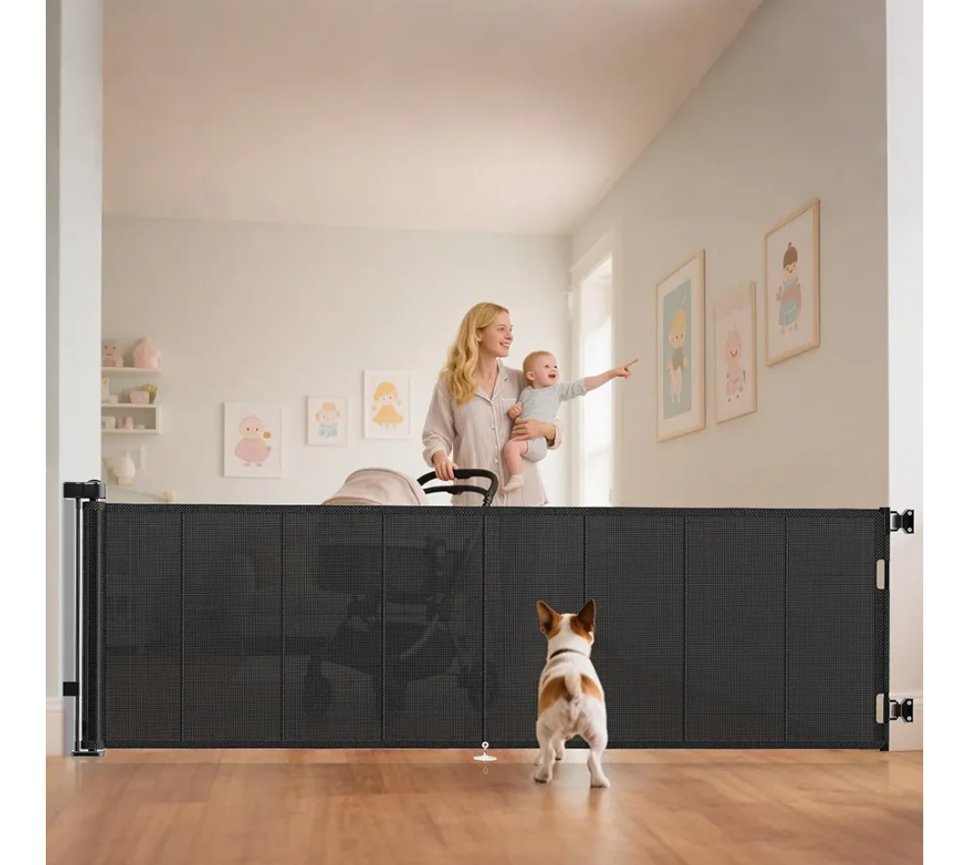 120 inch Retractable Baby Gates 34 inch Tall, Retractable Gate with Reinforced Strip Design to Prevent Crawling Through, 10 FT Extra Wide Retractable Dog Gate for Indoor/Outdoor