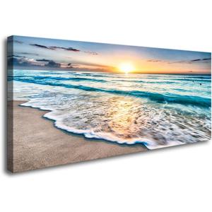 Baisuart S02262 Canvas Prints Wall Art Beach Sunset Ocean Waves Nature Pictures Stretched Canvas Wooden Framed for living Room Bedroom and Office (48L" x 24W", Sunset Waves)