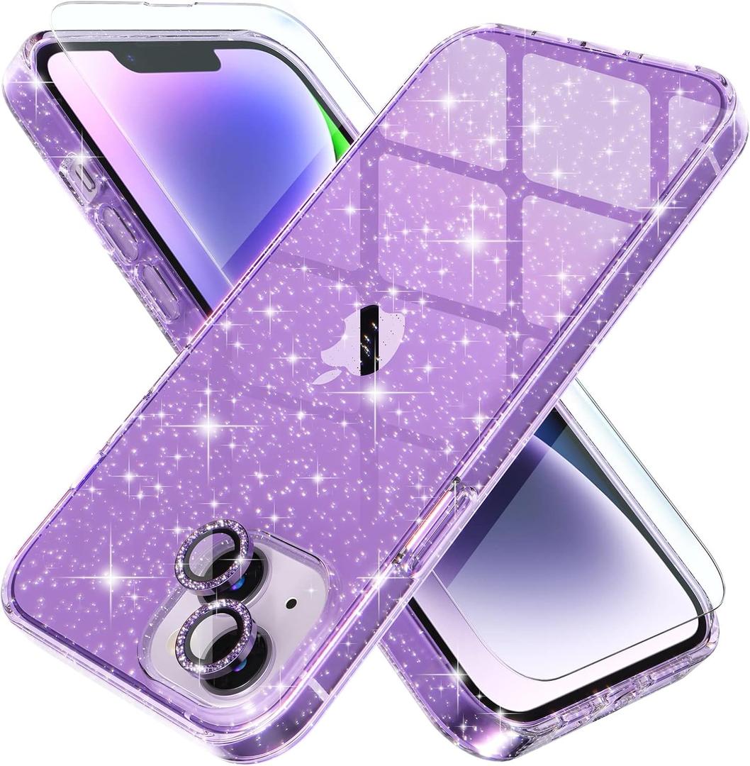 Choiche Compatible for iPhone 14 Plus Case Women Phone Case, Cute Bling Sparkly, Military Grade Drop Protection, 2 Diamond Camera Lens Covers, 2 Tempered Glass Protectors, 6.7 inch (Glitter Purple)